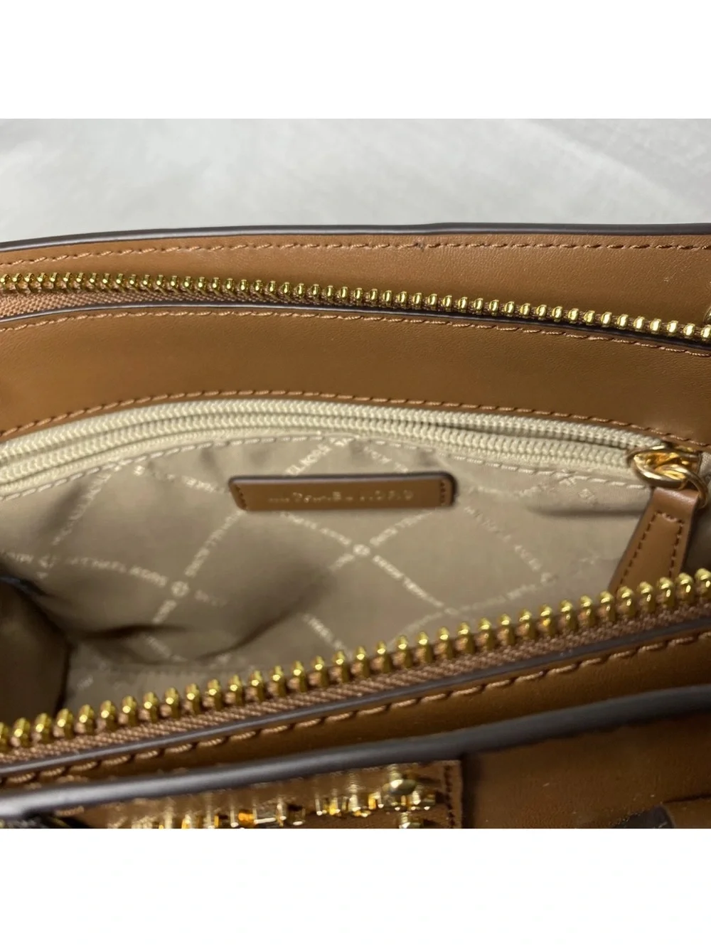 Michael Kors Tan and Brown Logo Stripe Satchel